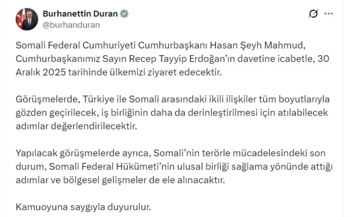Somali Cumhurbaşkanı Mahmud, Türkiye’ye geliyor